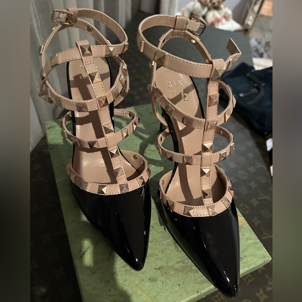 Mix No. 6 Black Patent Pointed-Toe Heels with Nude Studded Straps